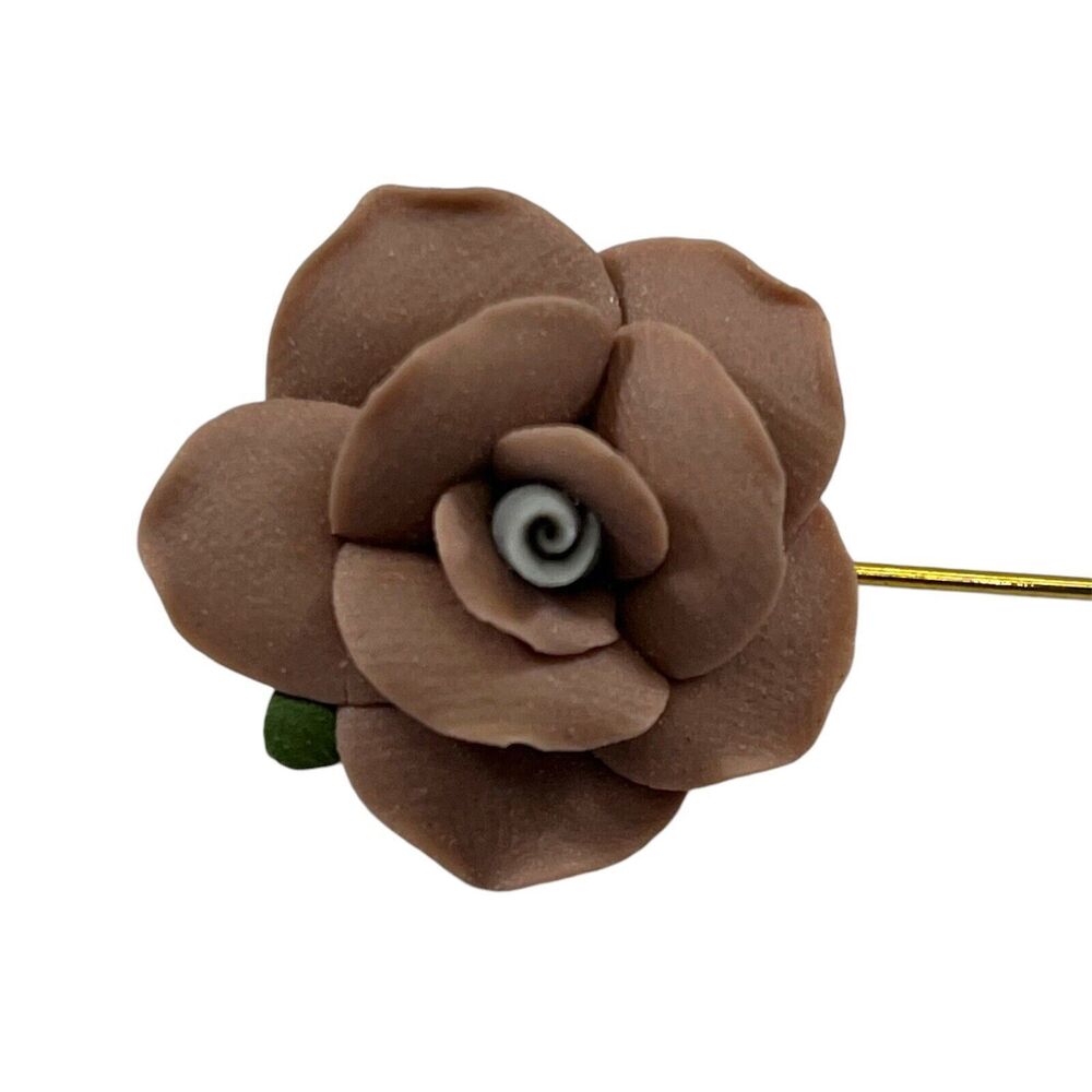 VTG Mauve Rose Flower Lapel Stick Pin Hatpin Matte Bisque Gold Tone Victorian